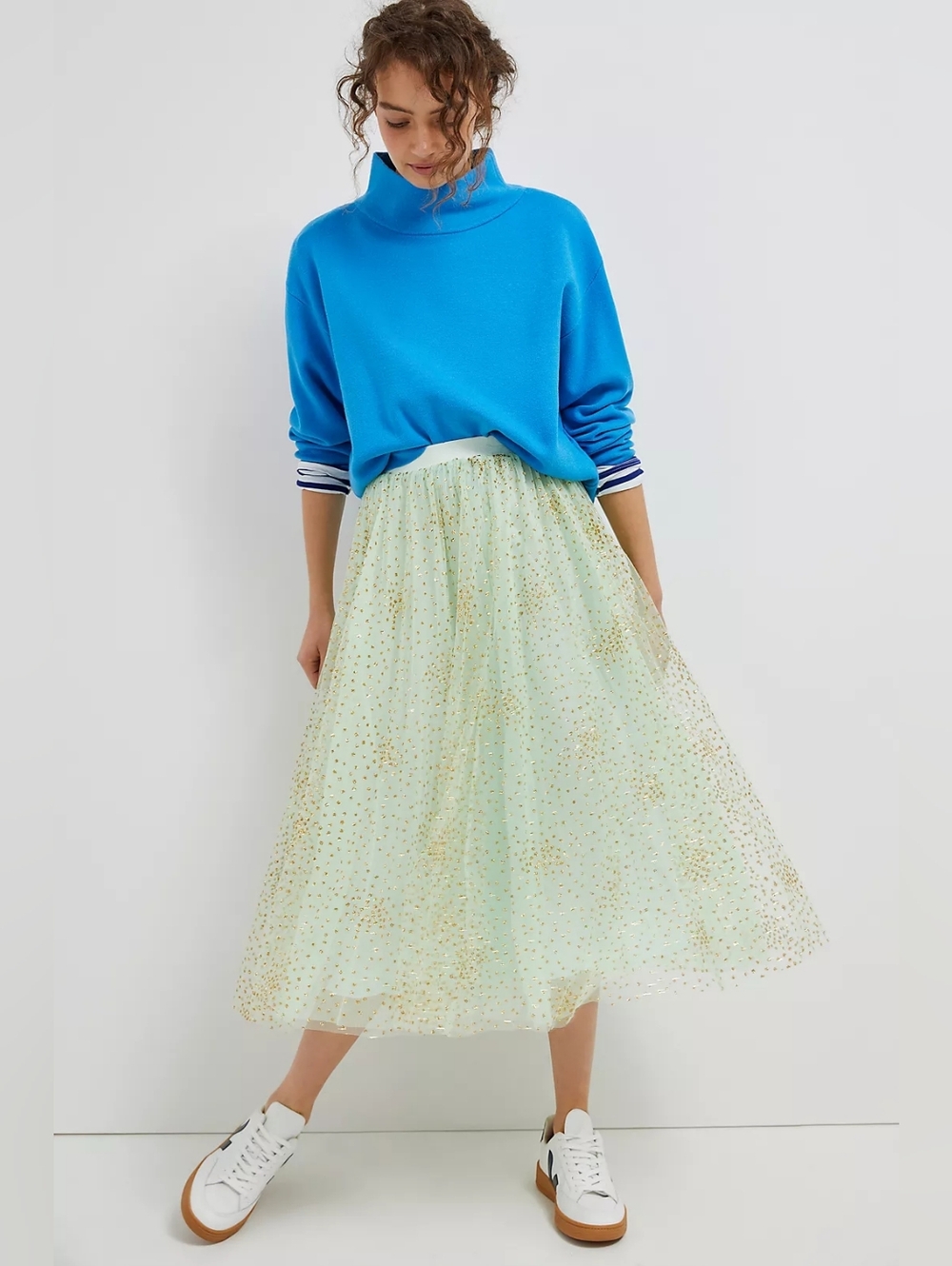 NWT Anthropologie Sydney Shimmer Tulle Midi in Green Glitter Gold Dot Skirt XS - Picture 2 of 10